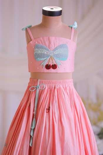Buy Lil Angels Peach Silk Bow Embroidered Blouse And Lehenga Set Online at Aza Fashions Buy_Lil Angels_Peach Silk Bow Embroidered Blouse And Lehenga Set _Online_at_Aza_Fashions