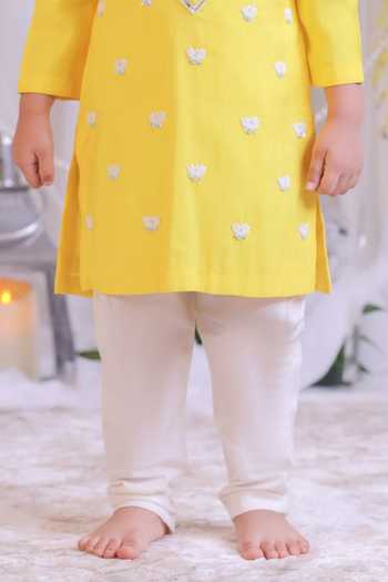 Lil Angels_Yellow Silk Lotus Embroidered Kurta Set _Online_at_Aza_Fashions