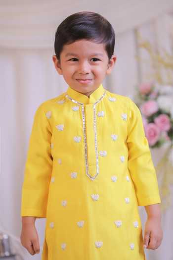 Buy_Lil Angels_Yellow Silk Lotus Embroidered Kurta Set _Online_at_Aza_Fashions