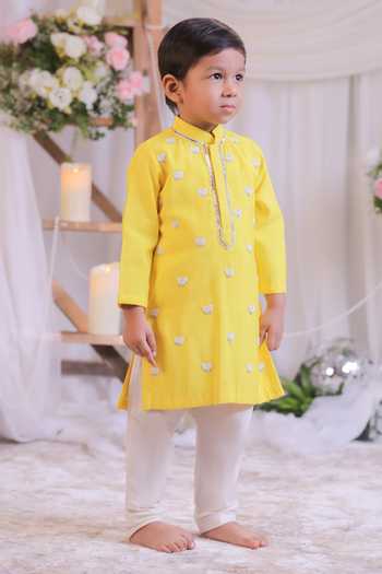 Shop_Lil Angels_Yellow Silk Lotus Embroidered Kurta Set _Online_at_Aza_Fashions