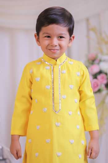 Lil Angels_Yellow Silk Lotus Embroidered Kurta Set _at_Aza_Fashions