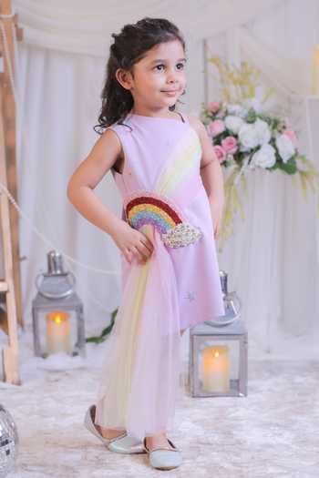 Lil Angels Multi Color Crepe Rainbow Applique Work Dress at Aza Fashions Lil Angels_Multi Color Crepe Rainbow Applique Work Dress _at_Aza_Fashions