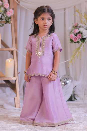 Shop Lil Angels Purple Silk Zari Embroidered Kurta And Palazzo Set Online at Aza Fashions Shop_Lil Angels_Purple Silk Zari Embroidered Kurta And Palazzo Set _Online_at_Aza_Fashions