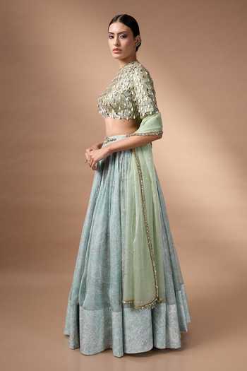 Rocky Star_Green Organza, Net Round Neck Hand Embroidered Blouse Lehenga Set _Online_at_Aza_Fashions