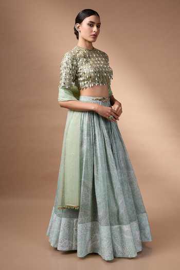Buy_Rocky Star_Green Organza, Net Round Neck Hand Embroidered Blouse Lehenga Set _Online_at_Aza_Fashions