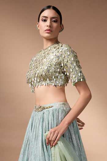 Shop_Rocky Star_Green Organza, Net Round Neck Hand Embroidered Blouse Lehenga Set _Online_at_Aza_Fashions