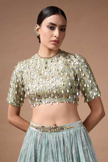 Rocky Star_Green Organza, Net Round Neck Hand Embroidered Blouse Lehenga Set _at_Aza_Fashions