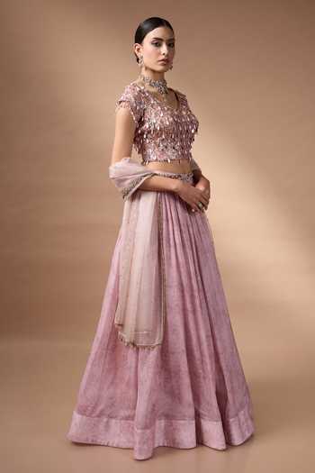 Rocky Star_Pink Organza, Silk Scoop Neck Floral Print Lehenga Set _Online_at_Aza_Fashions