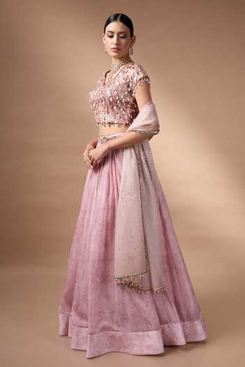 Buy_Rocky Star_Pink Organza, Silk Scoop Neck Floral Print Lehenga Set _Online_at_Aza_Fashions
