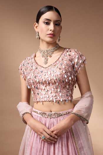 Shop_Rocky Star_Pink Organza, Silk Scoop Neck Floral Print Lehenga Set _Online_at_Aza_Fashions