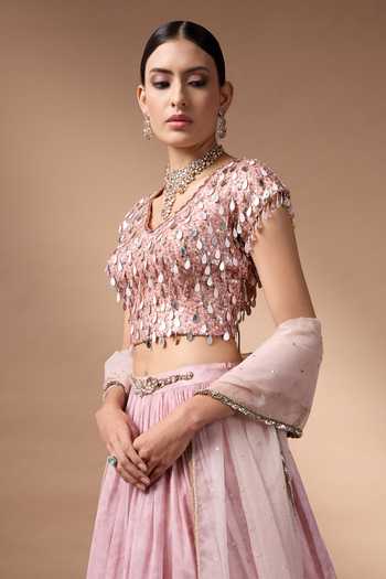 Rocky Star_Pink Organza, Silk Scoop Neck Floral Print Lehenga Set _at_Aza_Fashions