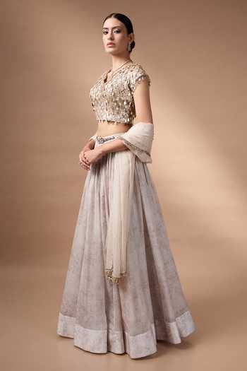 Rocky Star_Ivory Silk, Organza V-neck Printed Lehenga Set _Online_at_Aza_Fashions