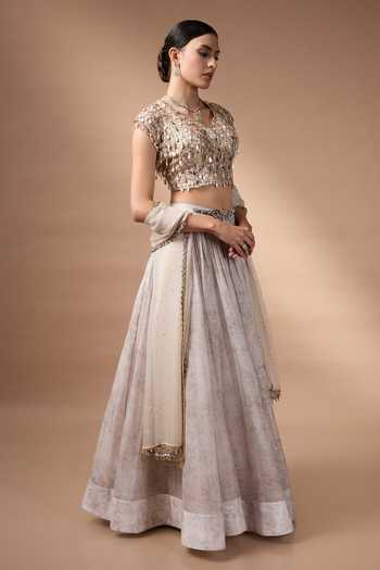 Buy_Rocky Star_Ivory Silk, Organza V-neck Printed Lehenga Set _Online_at_Aza_Fashions