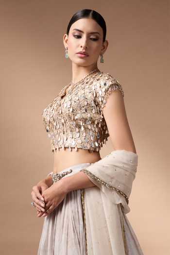 Shop_Rocky Star_Ivory Silk, Organza V-neck Printed Lehenga Set _Online_at_Aza_Fashions