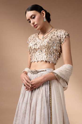 Rocky Star_Ivory Silk, Organza V-neck Printed Lehenga Set _at_Aza_Fashions