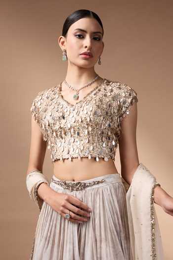 Buy_Rocky Star_Ivory Silk, Organza V-neck Printed Lehenga Set 