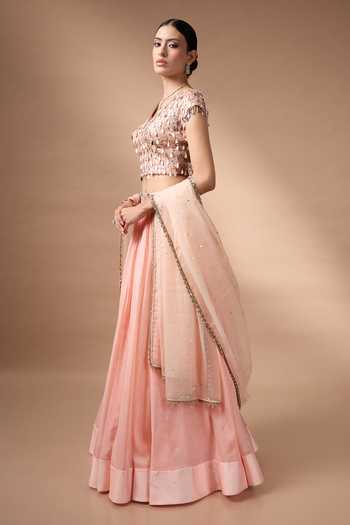 Rocky Star Peach Organza, Net V-neck Embroidered Blouse Lehenga Set Online at Aza Fashions Rocky Star_Peach Organza, Net V-neck Embroidered Blouse Lehenga Set _Online_at_Aza_Fashions