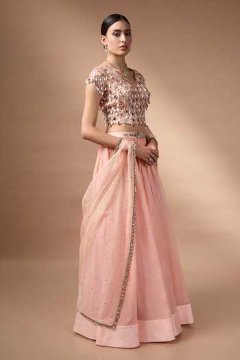 Buy Rocky Star Peach Organza, Net V-neck Embroidered Blouse Lehenga Set Online at Aza Fashions Buy_Rocky Star_Peach Organza, Net V-neck Embroidered Blouse Lehenga Set _Online_at_Aza_Fashions