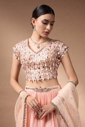 Shop Rocky Star Peach Organza, Net V-neck Embroidered Blouse Lehenga Set Online at Aza Fashions Shop_Rocky Star_Peach Organza, Net V-neck Embroidered Blouse Lehenga Set _Online_at_Aza_Fashions