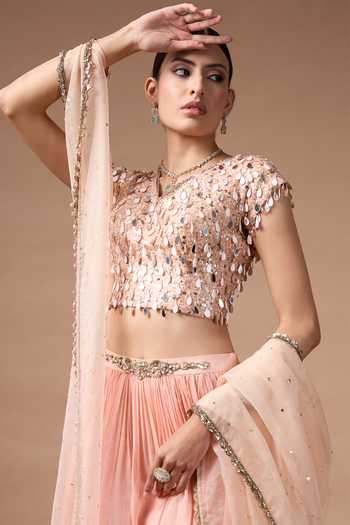 Buy Rocky Star Peach Organza, Net V-neck Embroidered Blouse Lehenga Set Buy_Rocky Star_Peach Organza, Net V-neck Embroidered Blouse Lehenga Set