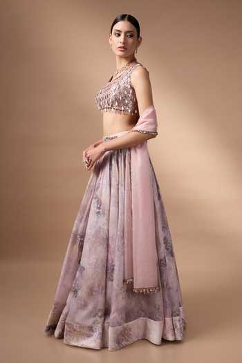 Rocky Star_Pink Organza, Silk Square Neck Floral Print Lehenga Set _Online_at_Aza_Fashions