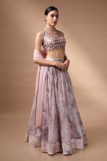 Buy_Rocky Star_Pink Organza, Silk Square Neck Floral Print Lehenga Set _Online_at_Aza_Fashions