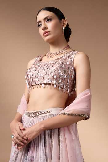 Shop_Rocky Star_Pink Organza, Silk Square Neck Floral Print Lehenga Set _Online_at_Aza_Fashions