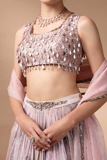 Rocky Star_Pink Organza, Silk Square Neck Floral Print Lehenga Set _at_Aza_Fashions