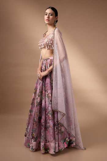 Rocky Star_Pink Silk, Organza Square Neck Hand Embroidered Blouse Lehenga Set _Online_at_Aza_Fashions