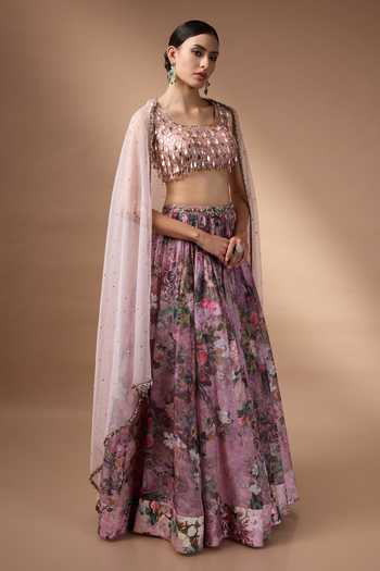 Buy_Rocky Star_Pink Silk, Organza Square Neck Hand Embroidered Blouse Lehenga Set _Online_at_Aza_Fashions