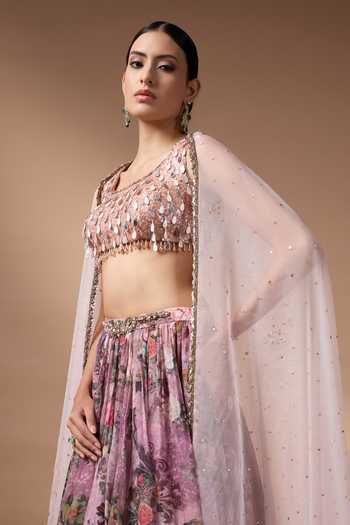 Shop_Rocky Star_Pink Silk, Organza Square Neck Hand Embroidered Blouse Lehenga Set _Online_at_Aza_Fashions