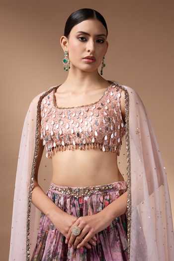 Rocky Star_Pink Silk, Organza Square Neck Hand Embroidered Blouse Lehenga Set _at_Aza_Fashions