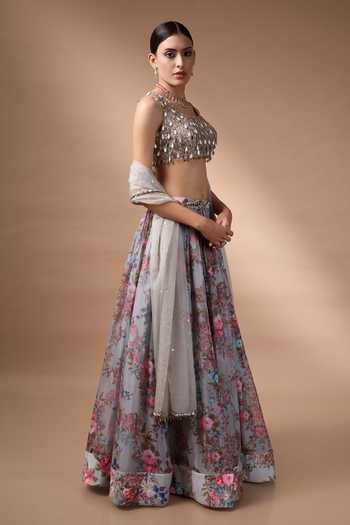 Rocky Star_Grey Organza, Net Scoop Neck Printed Lehenga Set _Online_at_Aza_Fashions