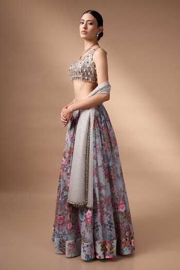 Buy_Rocky Star_Grey Organza, Net Scoop Neck Printed Lehenga Set _Online_at_Aza_Fashions