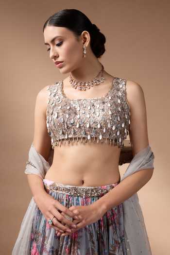 Shop_Rocky Star_Grey Organza, Net Scoop Neck Printed Lehenga Set _Online_at_Aza_Fashions