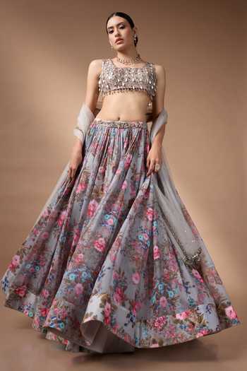 Rocky Star_Grey Organza, Net Scoop Neck Printed Lehenga Set _at_Aza_Fashions