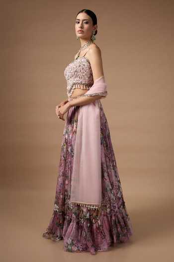 Rocky Star_Pink Organza, Silk Bandeau Neck Flower Print Lehenga Set _Online_at_Aza_Fashions