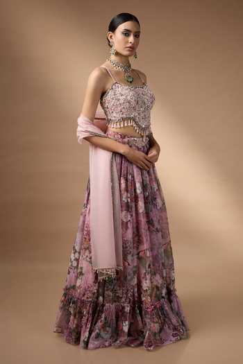 Buy_Rocky Star_Pink Organza, Silk Bandeau Neck Flower Print Lehenga Set _Online_at_Aza_Fashions
