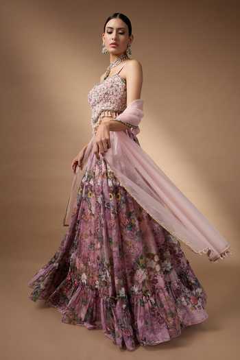 Shop_Rocky Star_Pink Organza, Silk Bandeau Neck Flower Print Lehenga Set _Online_at_Aza_Fashions