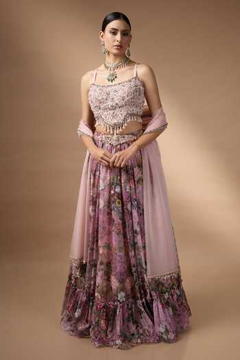 Rocky Star_Pink Organza, Silk Bandeau Neck Flower Print Lehenga Set _at_Aza_Fashions