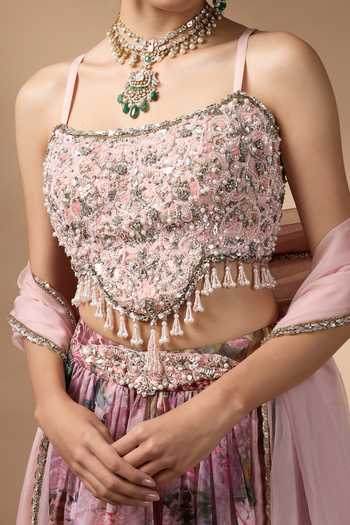 Buy_Rocky Star_Pink Organza, Silk Bandeau Neck Flower Print Lehenga Set 