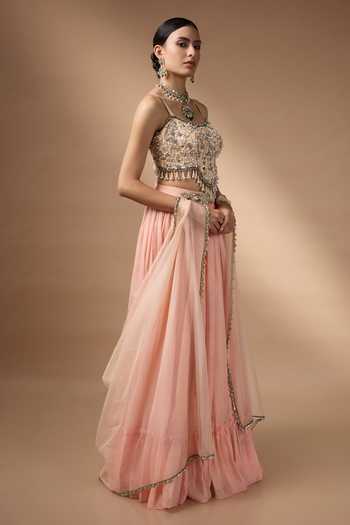 Rocky Star_Peach Organza, Silk Embroidered Blouse Lehenga Set _Online_at_Aza_Fashions