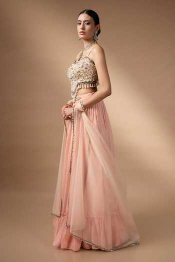 Buy_Rocky Star_Peach Organza, Silk Embroidered Blouse Lehenga Set _Online_at_Aza_Fashions