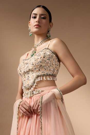 Shop_Rocky Star_Peach Organza, Silk Embroidered Blouse Lehenga Set _Online_at_Aza_Fashions