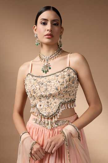 Rocky Star_Peach Organza, Silk Embroidered Blouse Lehenga Set _at_Aza_Fashions