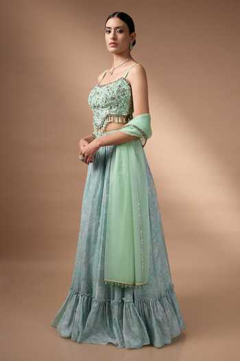 Rocky Star_Green Silk, Organza Bandeau Neck Printed Lehenga Set _Online_at_Aza_Fashions