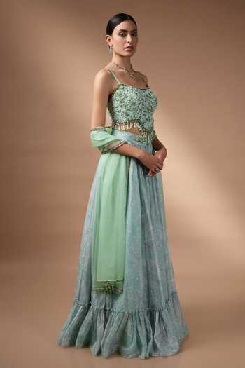 Buy_Rocky Star_Green Silk, Organza Bandeau Neck Printed Lehenga Set _Online_at_Aza_Fashions