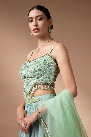 Shop_Rocky Star_Green Silk, Organza Bandeau Neck Printed Lehenga Set _Online_at_Aza_Fashions
