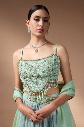 Rocky Star_Green Silk, Organza Bandeau Neck Printed Lehenga Set _at_Aza_Fashions