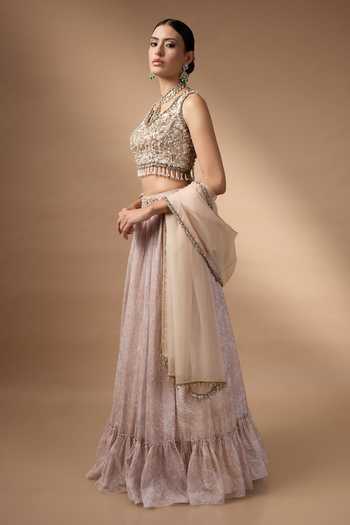 Rocky Star_Beige Silk, Organza Round Neck Hand Embroidered Blouse Lehenga Set _Online_at_Aza_Fashions